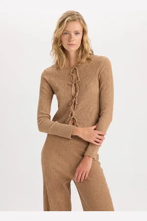 DeFacto Crew Neck Basic Plain Crepe Long Sleeve Tie Cardigan