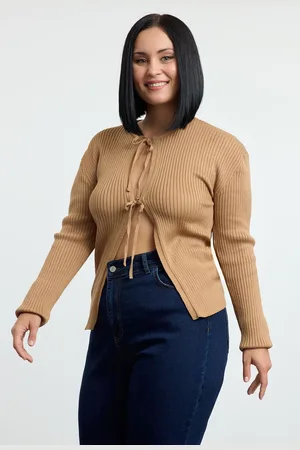 Trendyol Curve Brown Ribbed Tied Soft Touch Knit Cardigan