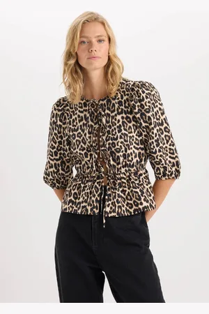 DeFacto Fitted Round Neck Leopard Print Tie Front Poplin Long Sleeve Blouse