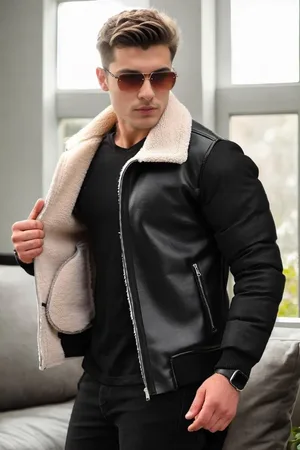 Dewberry 16456 Faux Fur Inside Slim Fit Mens Winter Coat-BLACK-BEIGE