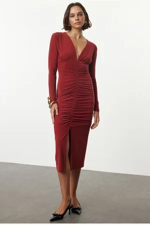 Trendyol Tile Plain Gathered Midi Draped V Neck Fitted/Fits Body Elastic Midi Knit Dress