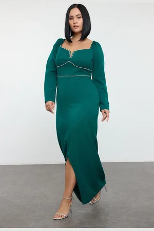 Trendyol Curve Emerald Green Stone Embroidered Slit Woven Evening Dress/Graduation/Engagement/Evening Dress