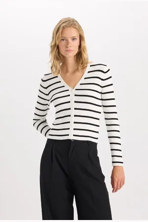 DeFacto Fitted V Neck Striped Buttoned Ribbed Look Viscose Cardigan