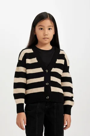 DeFacto Girl V Neck Striped Buttoned Knitted Cardigan