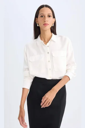 DeFacto Regular Fit Basic Plain Pocket Textured Long Sleeve White Shirt