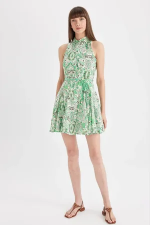 DeFacto A-Line Shirt Collar Patterned Voile Sleeveless Mini Dress