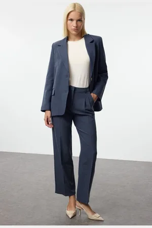 Trendyol Navy Blue Limited Edition Grey Straight/Straight Cut Pleated Fabric Trousers