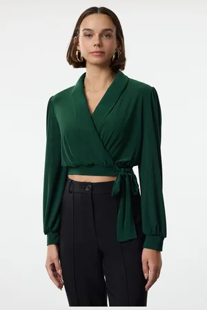 Trendyol Emerald Green Double Breasted Crop Elastic Knit Blouse