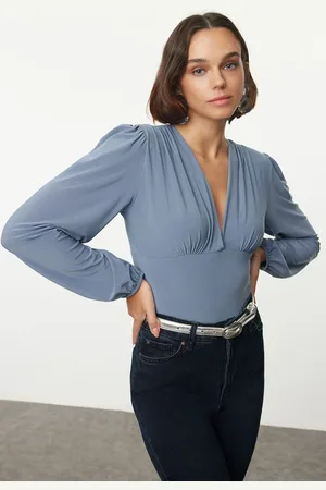 Trendyol Indigo V Neck Balloon Sleeve Fitted/Fits the Body Flexible Snap Knitted Bodysuit
