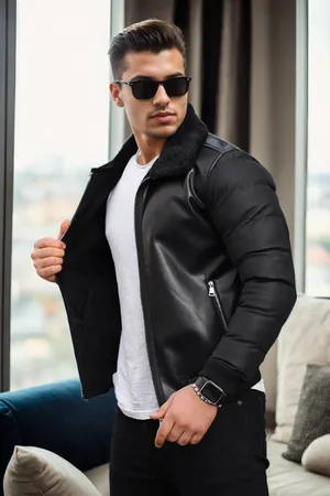 Dewberry 16456 Faux Fur Inside Slim Fit Mens Winter Coat-BLACK-BLACK