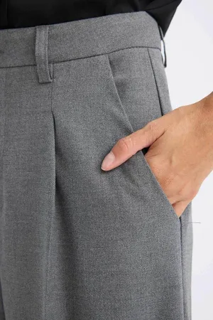 DeFacto Darted Classic Grey Trousers Wide Leg Wide Leg Basic Straight Long Length High Waist Pocket