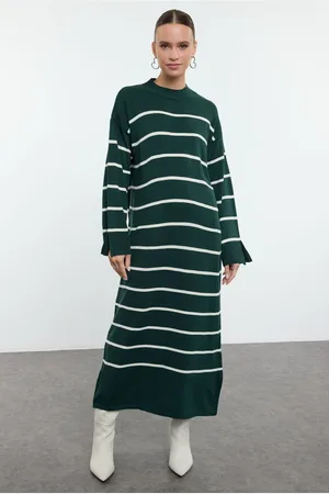 Trendyol Dark Green Striped Sleeve Slit Detailed Knit Dress