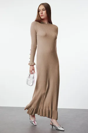 Trendyol Beige Frilled Skirt Rib Knit Dress