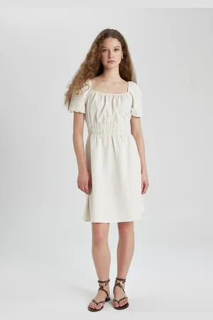 DeFacto Square Neck Linen Short Sleeve Mini Dress