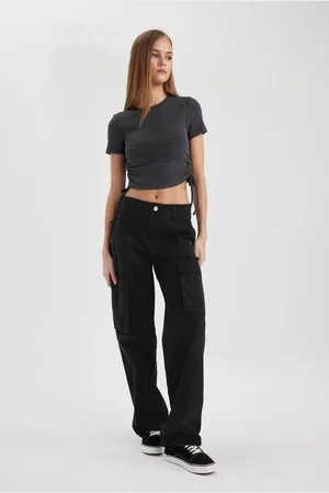 DeFacto Gabardine Trousers Straight Fit Standard Length High Waist Cargo Pocket
