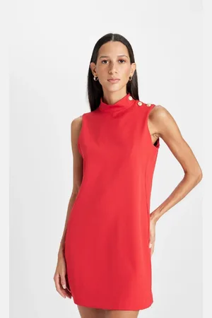 DeFacto Half Turtleneck Basic Plain Button Sleeveless Mini Red Dress