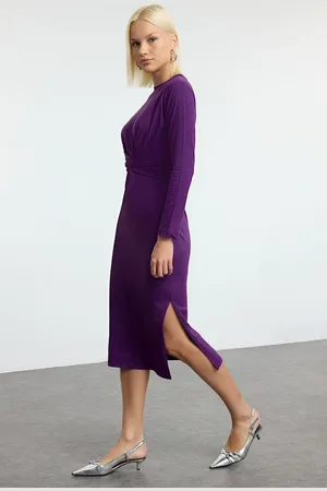 Trendyol Purple 100% Cotton Tie Detailed Body-Fitting Midi Knit Dress
