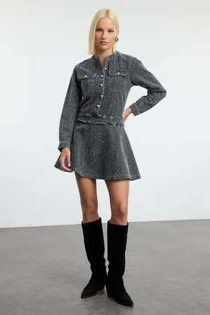 Trendyol Grey Pocket Detailed Textured Mini Denim Dress