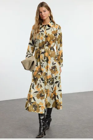 Trendyol Beige Floral Print Pleated Woven Button Shirt Dress