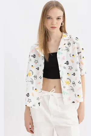 DeFacto Coool Oversize Pajama Collar Patterned Short Sleeve 100% Cotton Shirt