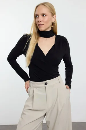 Trendyol Black Tie Detail Wrap Double Breasted Slim/Fits Body Knitted Bodysuit