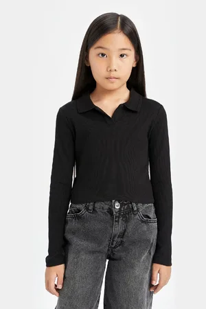DeFacto Girl Crop Polo Neck Basic Plain Ribbed Camisole Long Sleeve T-Shirt