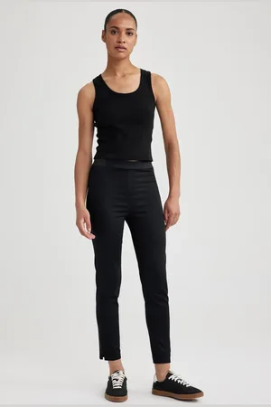 DeFacto Cigarette Satin Pants Black Normal Waist Basic Straight Elastic Waist Straight Leg