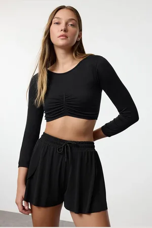 Trendyol Black Seamless Gathered Detail Super Crop Knitted Sports Top/Blouse