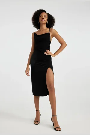 DeFacto Scoop Neck Slit Strap Black Midi Dress