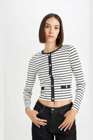 DeFacto Slim Fit Slim Cut Crew Neck Striped Buttoned Smart Ribbed Camisole Long Sleeve T-Shirt