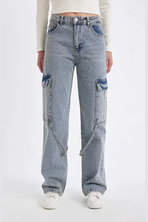 DeFacto Wide Leg Cargo High Waist Long Jean Washed Trousers