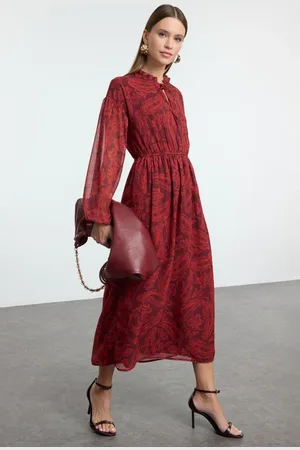 Trendyol Multicolored Shawl Pattern Midi Elastic Woven Winter Dress