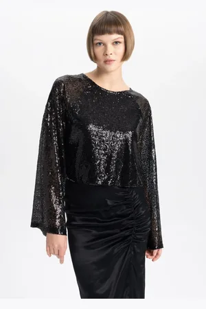 DeFacto Crop Round Neck Sequined Fabric Long Sleeve Blouse