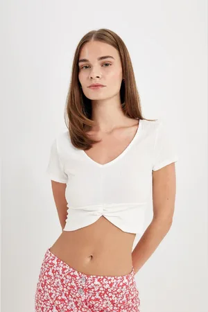 DeFacto Slim Fit V-Neck Wrapped Short Sleeve T-Shirt