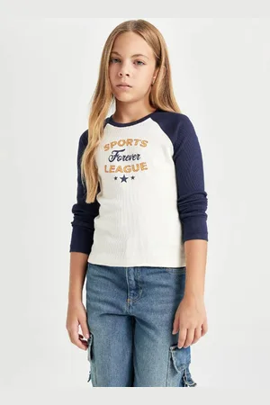 DeFacto Girls Crop Crew Neck Printed Ribbed Camisole Long Sleeve T-Shirt