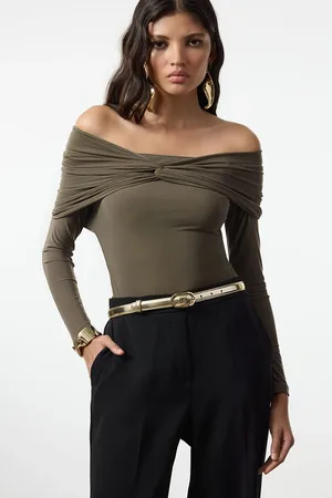 Trendyol Khaki Asymmetric Collar Knitted Bodysuit