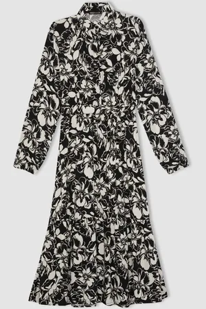 DeFacto Shirt Collar Patterned Long Sleeve Maxi Dress
