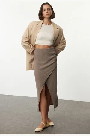 Trendyol Mink Double Breasted Textured Gathered/Draped Detailed Midi Skirt