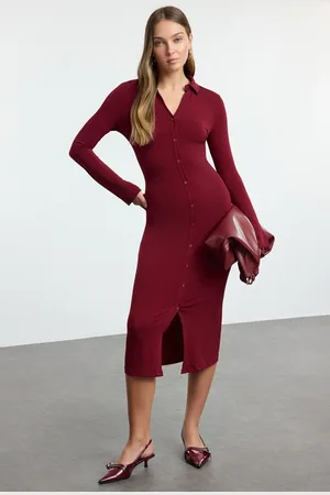 Trendyol Claret Red Plain Maxi Polo Neck Fitted/Fits the Body Plain Maxi Flexible Knit Dress