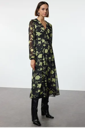 Trendyol Black Floral Patterned A-Line Double Breasted Midi Woven Dress