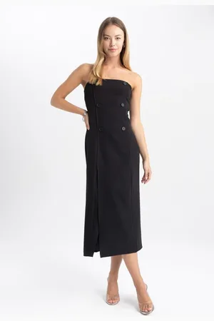 DeFacto Strapless Basic Straight Slit Midi Black Dress