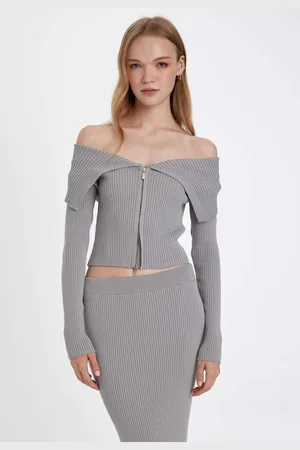 DeFacto Slim Fit Open Shoulder Basic Plain Zippered Knitwear Cardigan