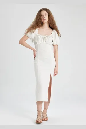 DeFacto A-Line Gathered Neck Slit White Linen Short Sleeve Midi Dress