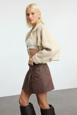 Trendyol Brown Leather Coated Waxed Pleated Mini Denim Skater Skirt