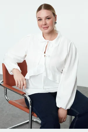 Trendyol Curve White Laced Ruffle Long Sleeve Plus Size Blouse
