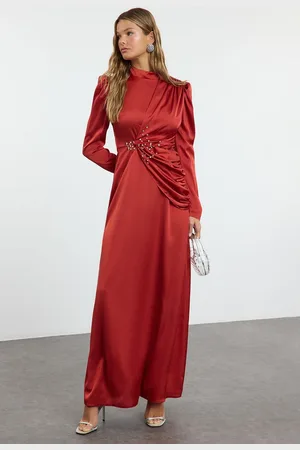 Trendyol Red Stone Embroidered Woven Satin Evening Dress