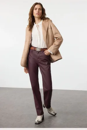 Trendyol Burgundy Coated High Waist Straight Jeans