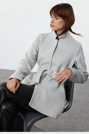 Trendyol Grey Belted Wool Short Cashmere Coat