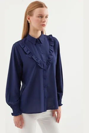 Bigdart 20223 Ruffled Long Sleeve Shirt - Navy Blue