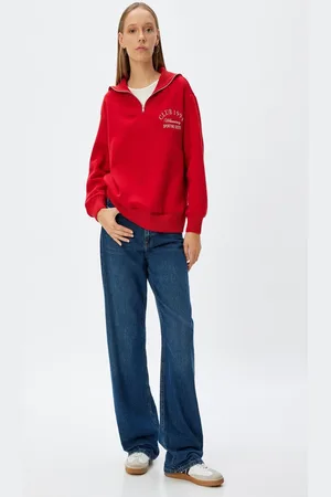 Koton Half Zipper Sweatshirt College Embroidered Stand Collar Piping Raised